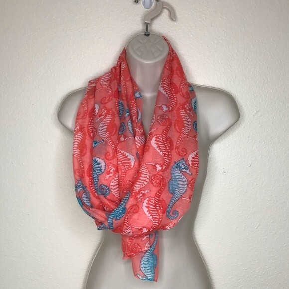 Seahorse Graphic Coral Aqua Teal Long Rectangle Scarf 22 X 71 Lightweight - Picture 1 of 7